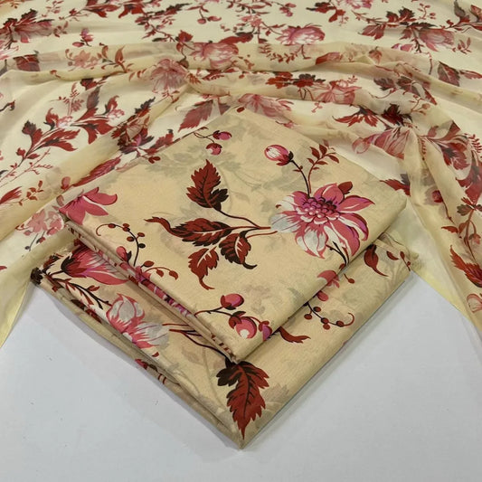 Brown Printed Lawn 3Pcs Women Suit Set
