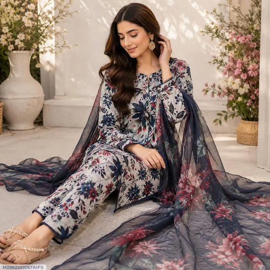 Women Printed Lawn 3Pcs Suit White Floral