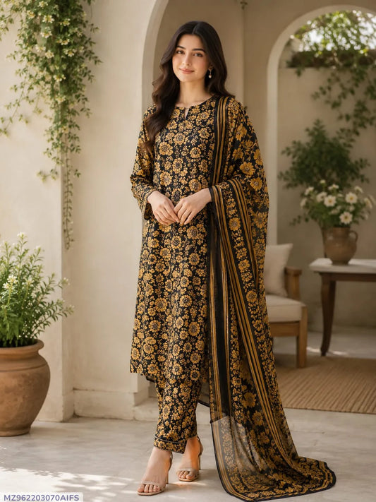 Women's 3Pcs Printed Lawn Suit Yellow