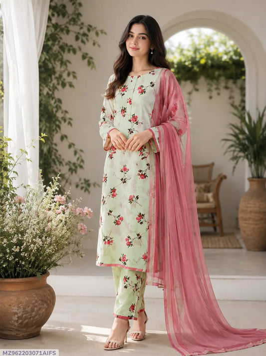 Green Printed Lawn 3Pcs Set with Dupatta for Women