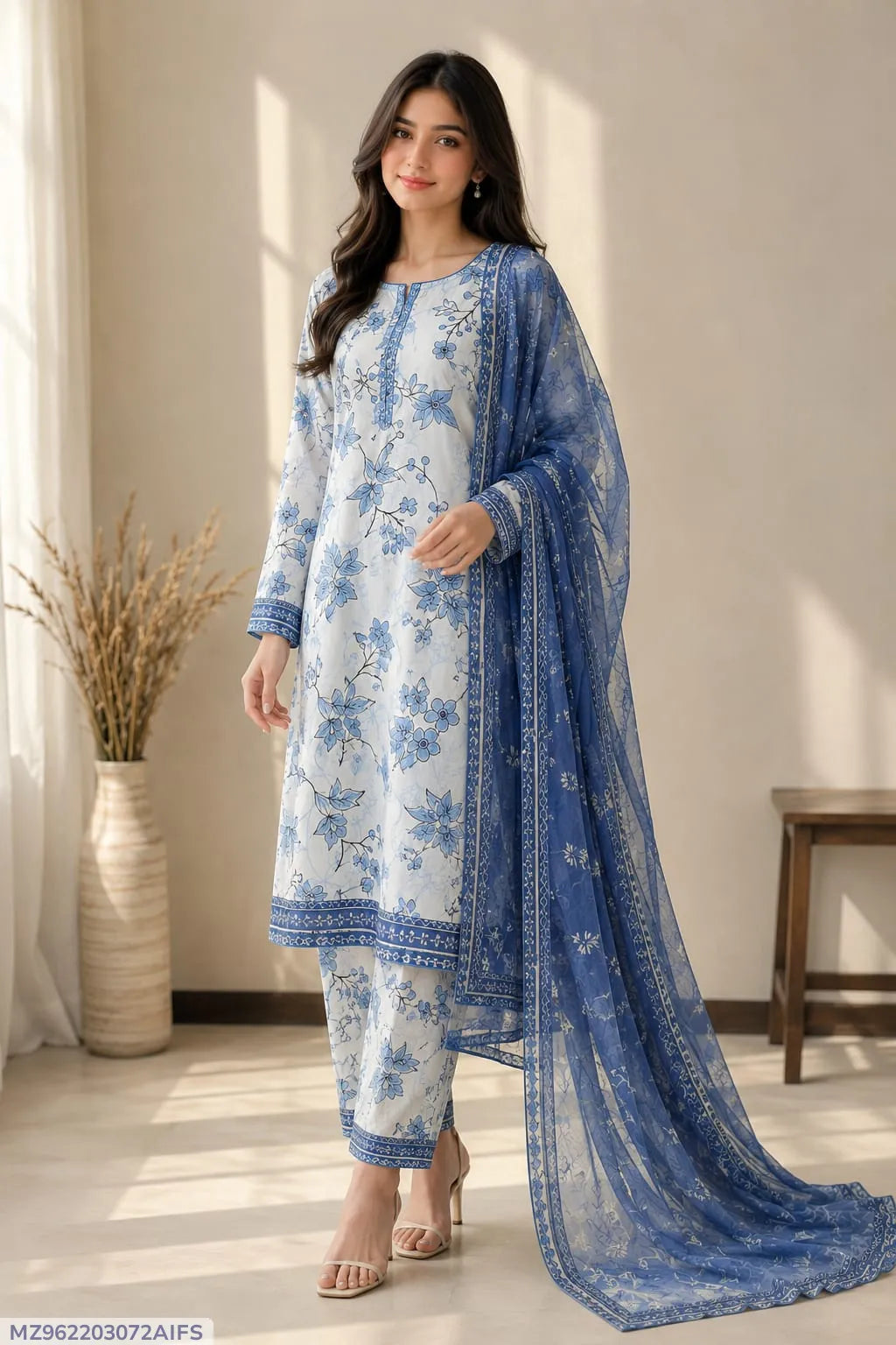 Blue Printed Lawn 3Pcs Suit for Women