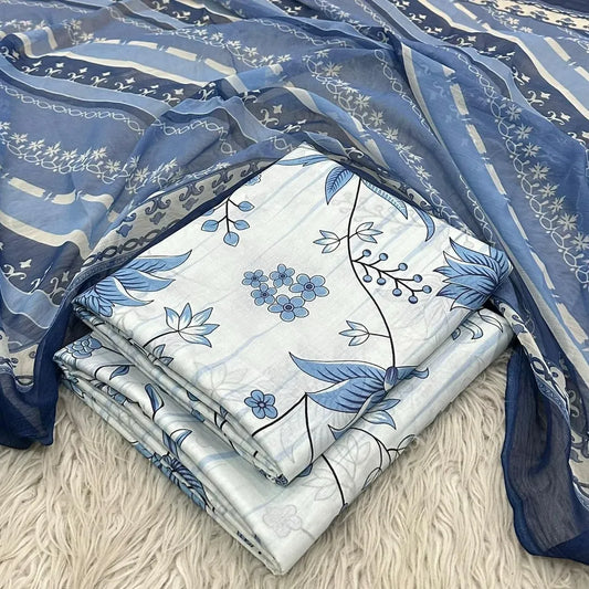 Blue Printed Lawn 3Pcs Suit for Women