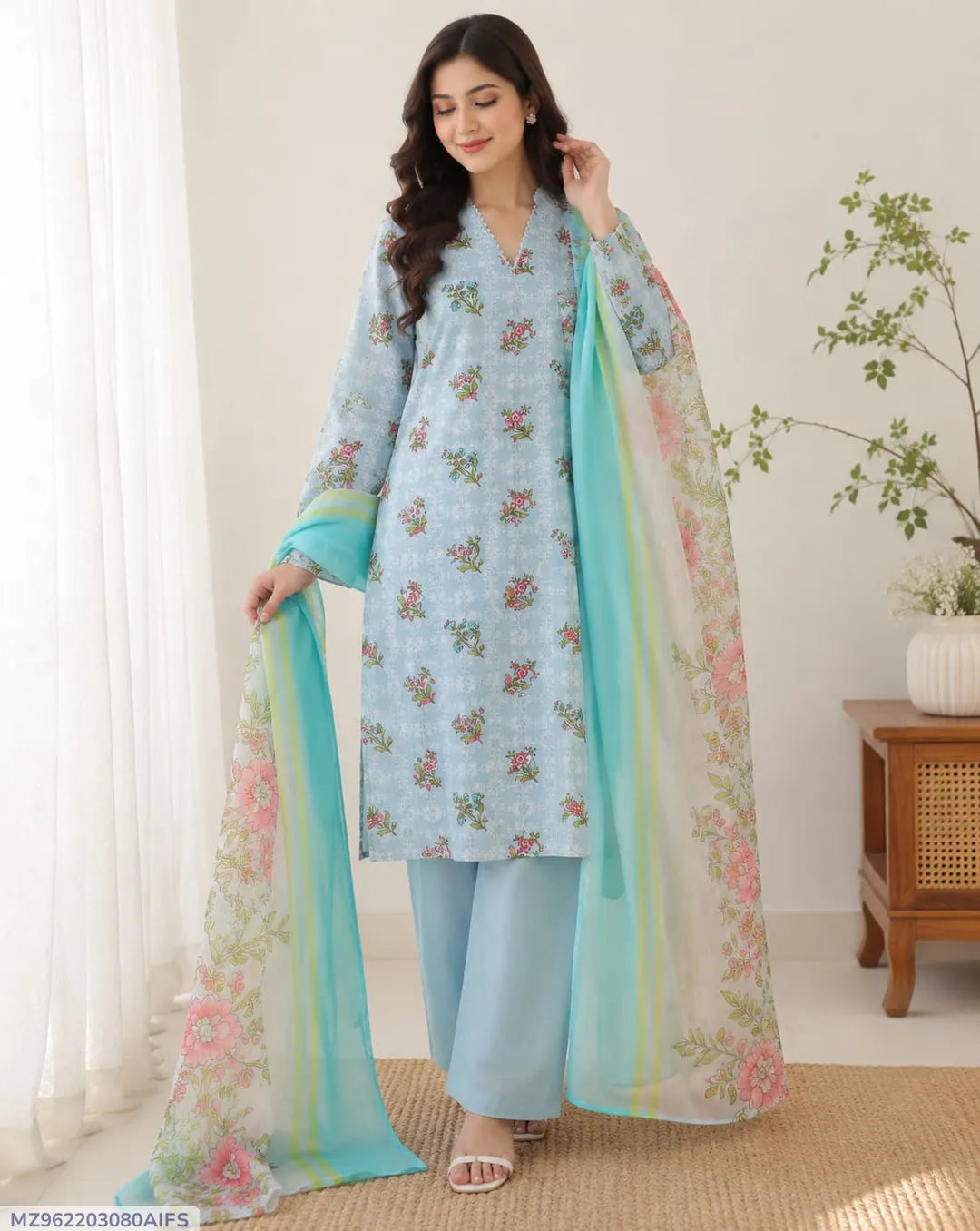 Women Blue Digital Print Lawn 3-Piece Suit