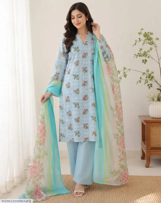 Women Blue Digital Print Lawn 3-Piece Suit