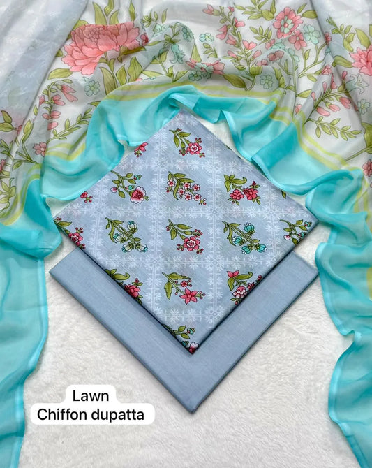 Women Blue Digital Print Lawn 3-Piece Suit