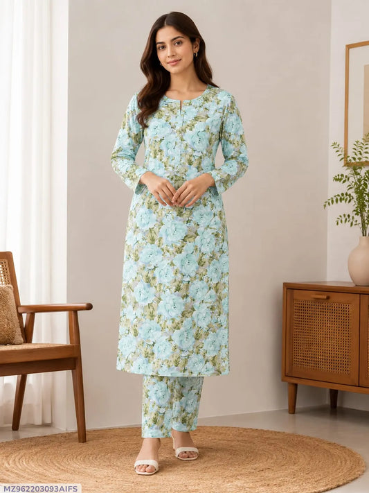 Women Blue Printed 2-Piece Unstitched Suit