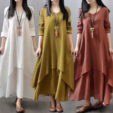 Women Linen Long Sleeve Swing Dress Autumn White Loose Fit