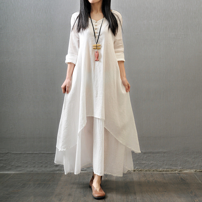 Women Linen Long Sleeve Swing Dress Autumn White Loose Fit