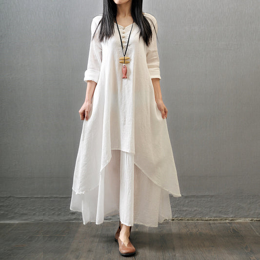 Women Linen Long Sleeve Swing Dress Autumn White Loose Fit