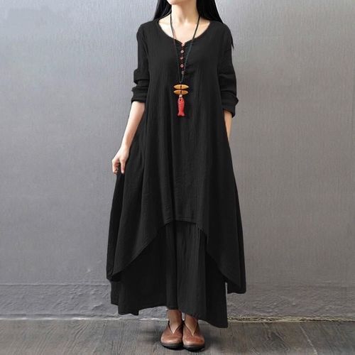Women Linen Long Sleeve Swing Dress Autumn White Loose Fit