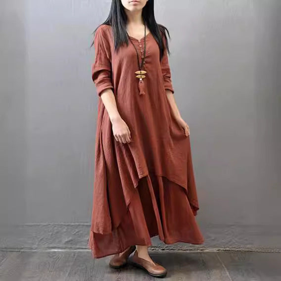 Women Linen Long Sleeve Swing Dress Autumn White Loose Fit