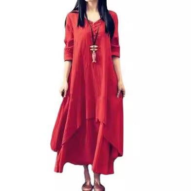 Women Linen Long Sleeve Swing Dress Autumn White Loose Fit